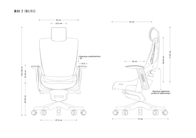 Fotel ergonomiczny WAU2 wymiary