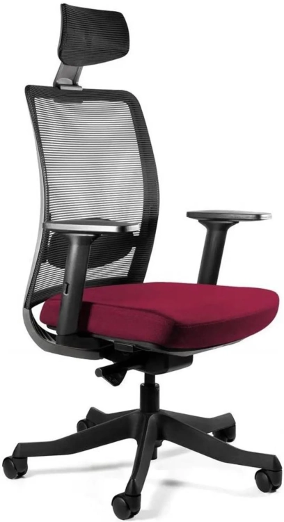 Fotel ergonomiczny Anggun z siedziskiem tapicerowanym bordową tkaniną i oparciem z siatki