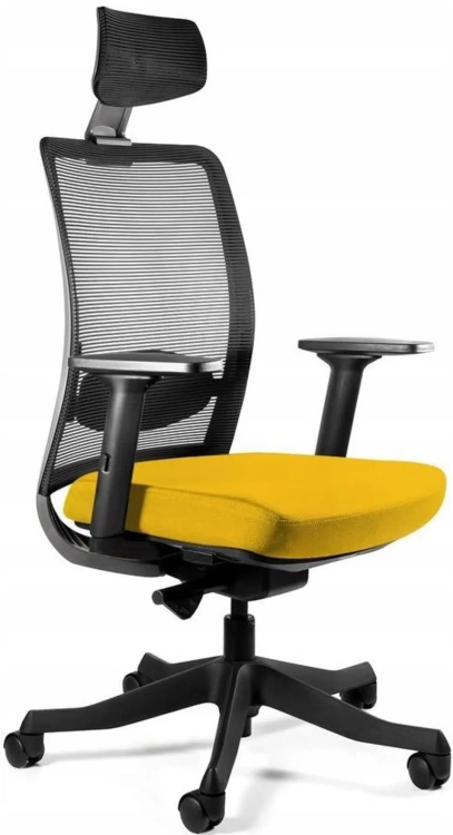 Fotel ergonomiczny Anggun z siedziskiem tapicerowanym żółtą tkaniną i oparciem z siatki