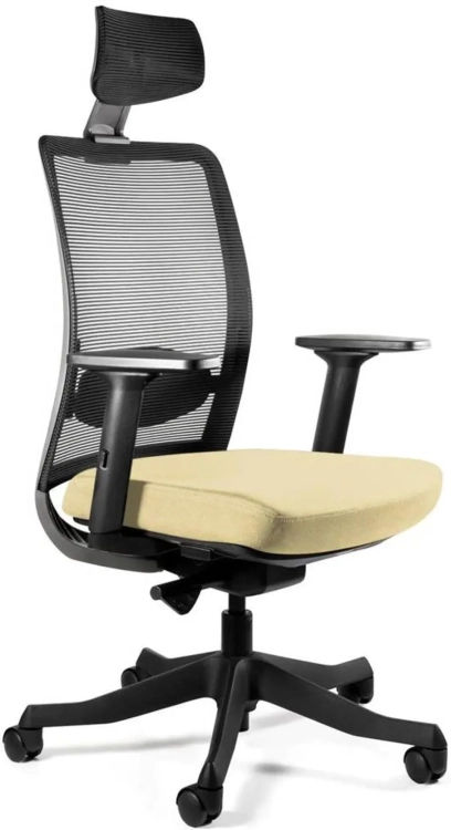 Fotel ergonomiczny Anggun z siedziskiem tapicerowanym jasnożółtą tkaniną i oparciem z siatki