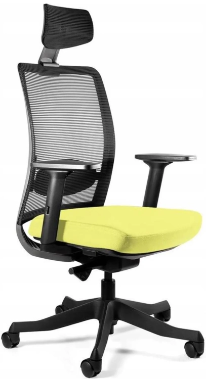 Fotel ergonomiczny Anggun z siedziskiem tapicerowanym tkaniną w kolorze musztardowym i oparciem z siatki