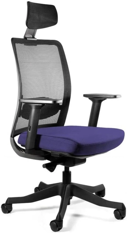 Fotel ergonomiczny Anggun z siedziskiem tapicerowanym tkaniną w kolorze granatowym i oparciem z siatki