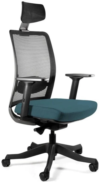 Fotel ergonomiczny Anggun z siedziskiem tapicerowanym tkaniną w kolorze szaroniebieskim i oparciem z siatki